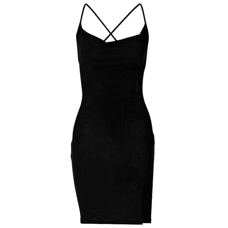 Cowl Neck Spaghetti Strap Side Slit Bodycon Mini Dress 3
