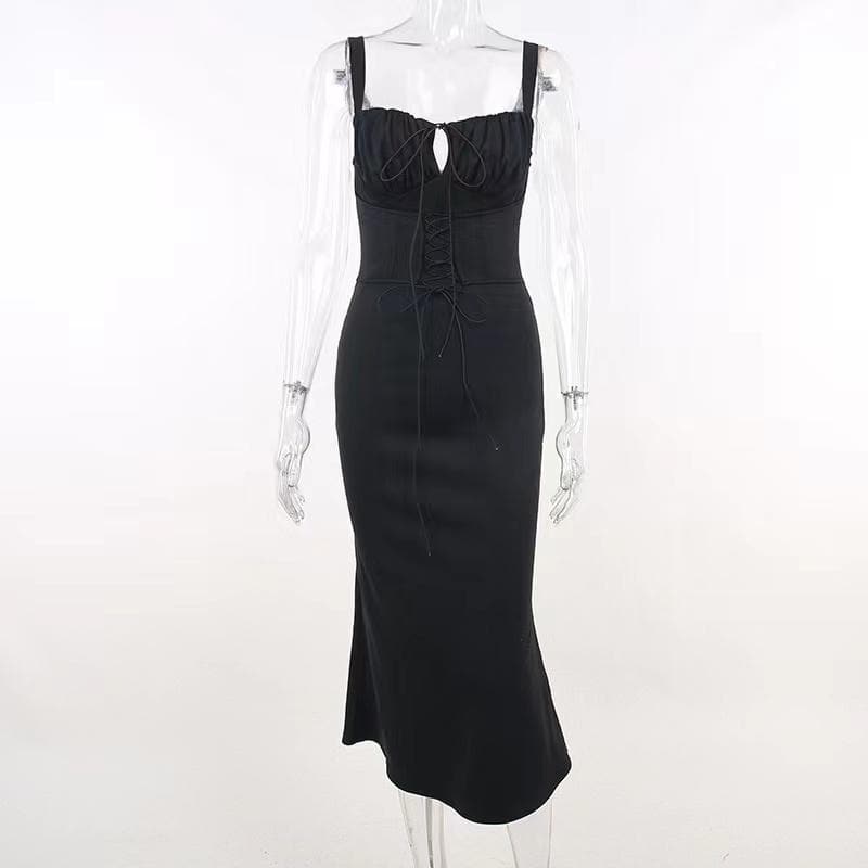 Ruched solid lace up self tie backless sleeveless midi dress 2