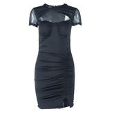 Ruched mesh solid hollow out short sleeve mini dress 2