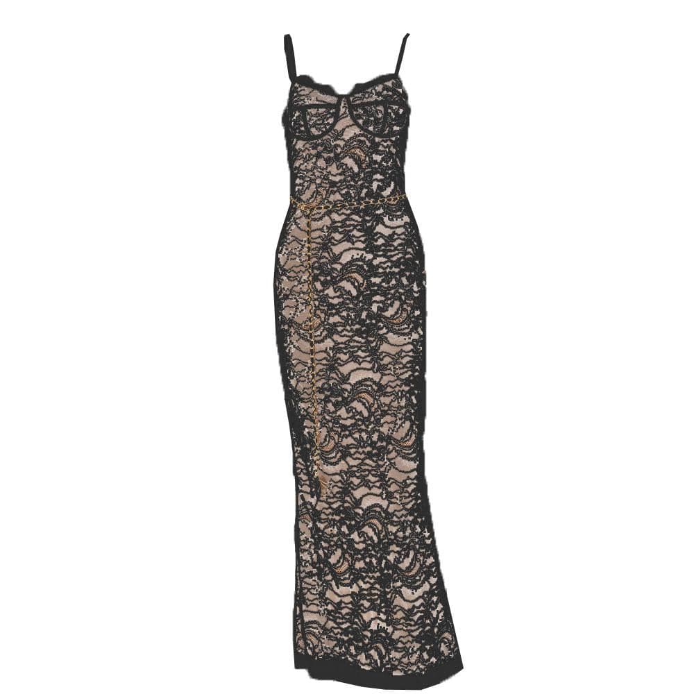 Lace contrast zip-up backless slit cami maxi dress 2