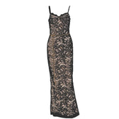 Lace contrast zip-up backless slit cami maxi dress 2