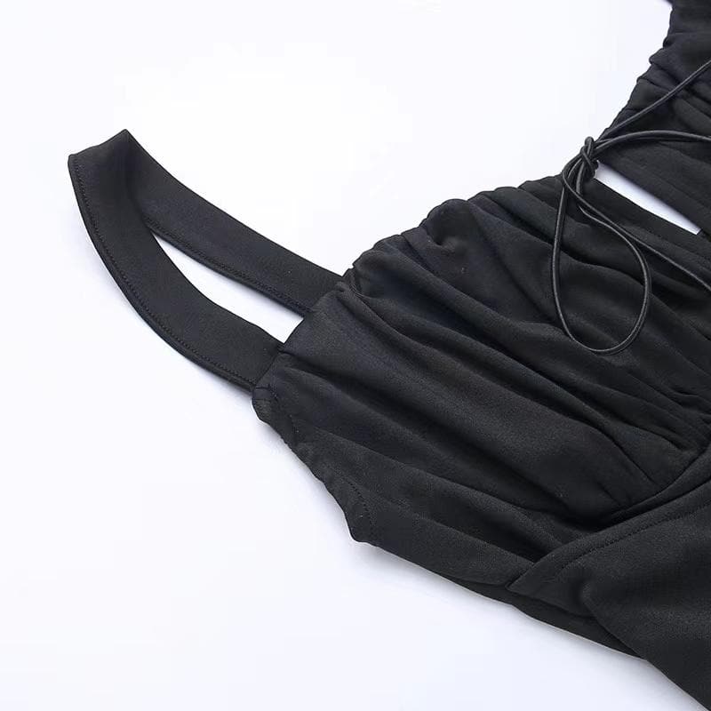 Ruched solid lace up self tie backless sleeveless midi dress 6