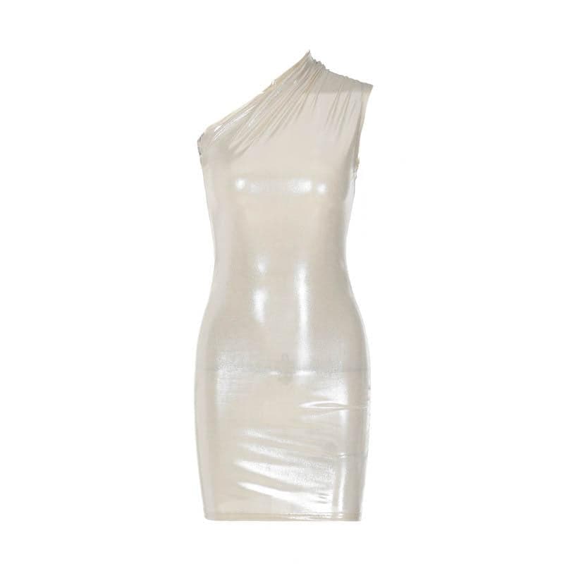 Metallic one shoulder ruched sleeveless irregular mini dress 12
