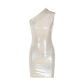 Metallic one shoulder ruched sleeveless irregular mini dress 12