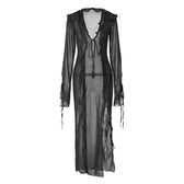Slit chiffon see through long sleeve v neck self tie maxi dress 5