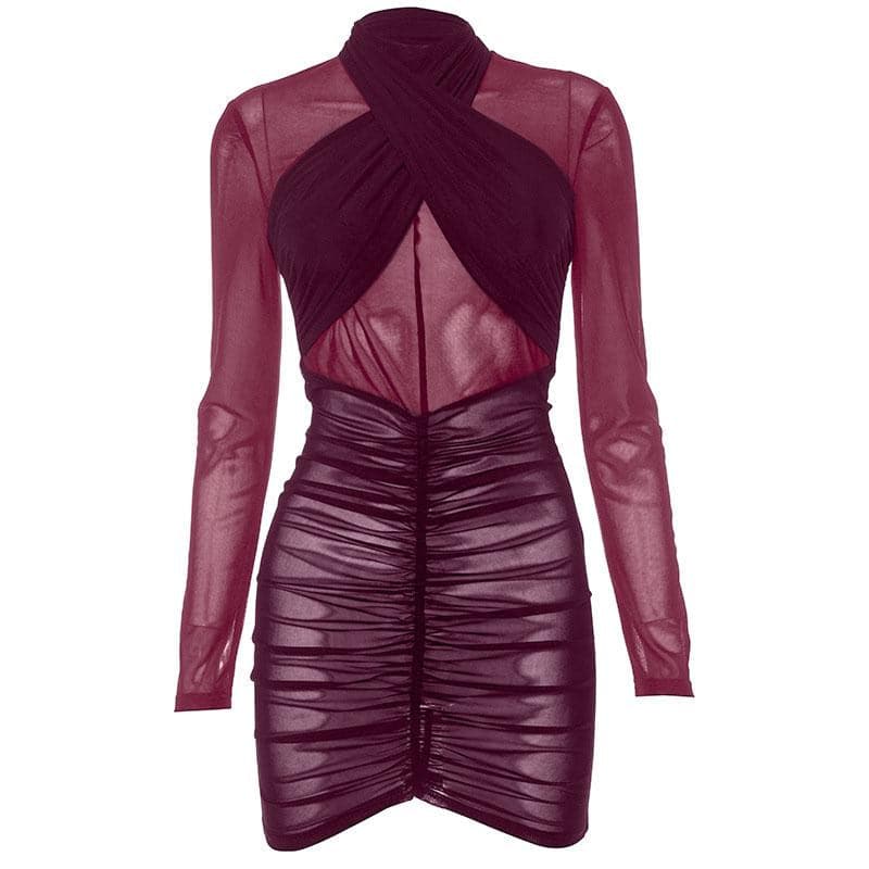 Ruched long sleeve cross front sheer mesh see through mini dress 8