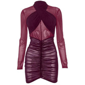 Ruched long sleeve cross front sheer mesh see through mini dress 8