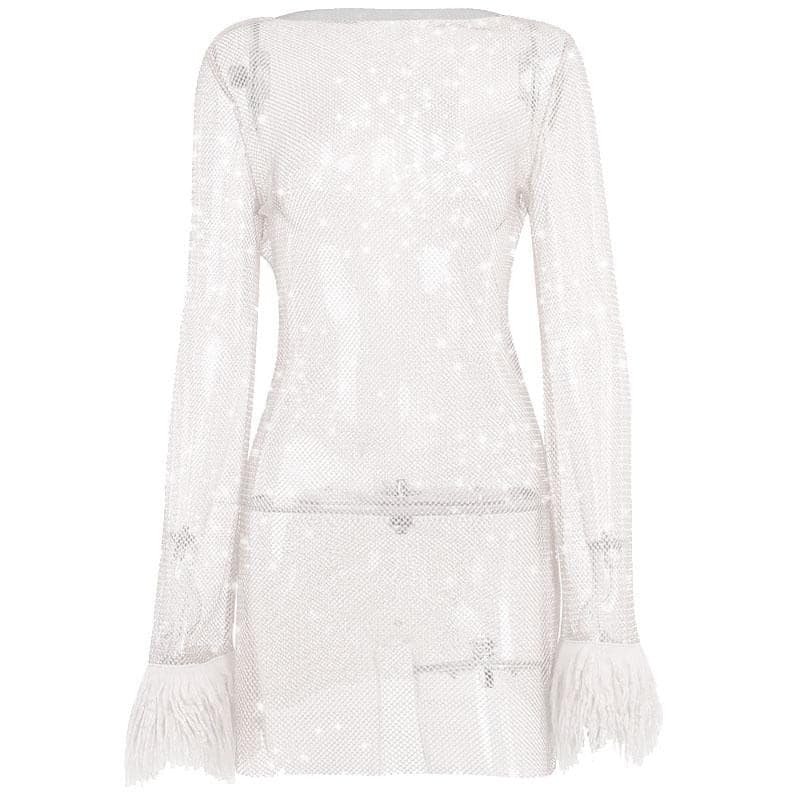 Long sleeve solid see through sheer mesh fluffy round neck mini dress