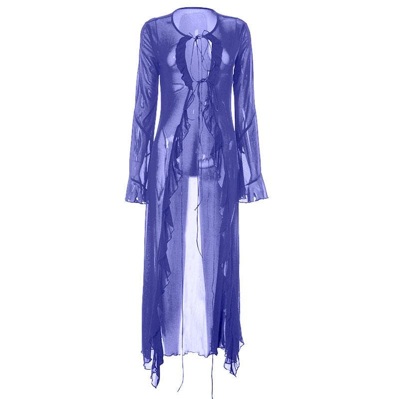 Flared sleeve ruffle sheer mesh see through self tie maxi dress 4