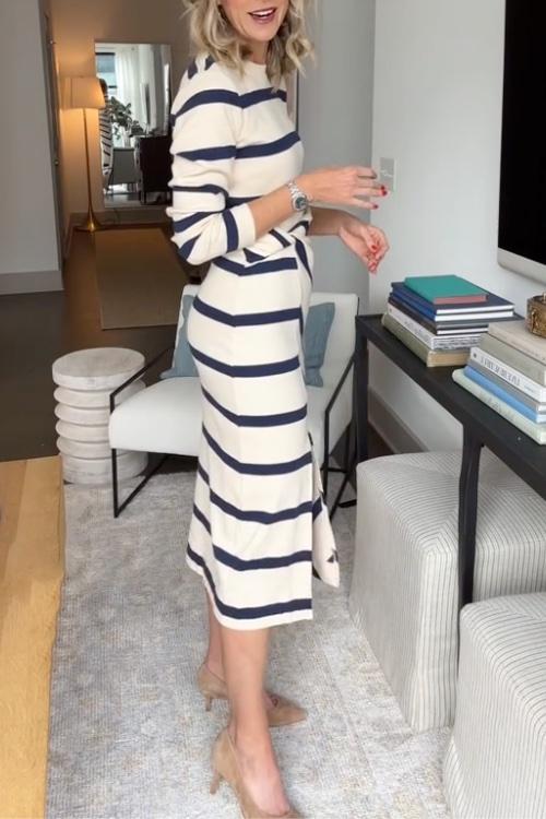 Striped Long Sleeve Twist Front Knit Midi Dress 3
