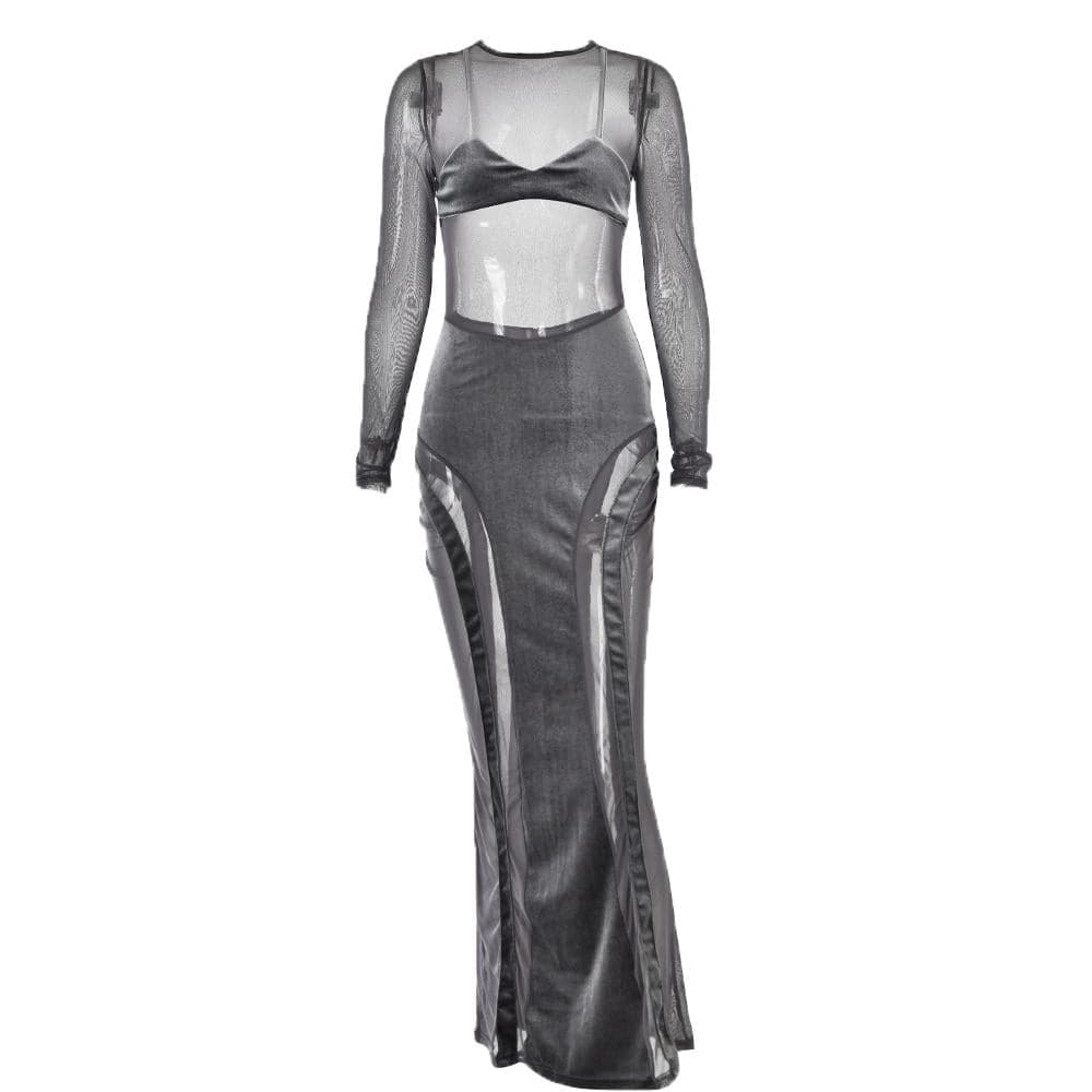 Mesh patchwork velvet solid long sleeve maxi dress 10