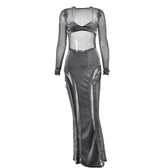 Mesh patchwork velvet solid long sleeve maxi dress 10