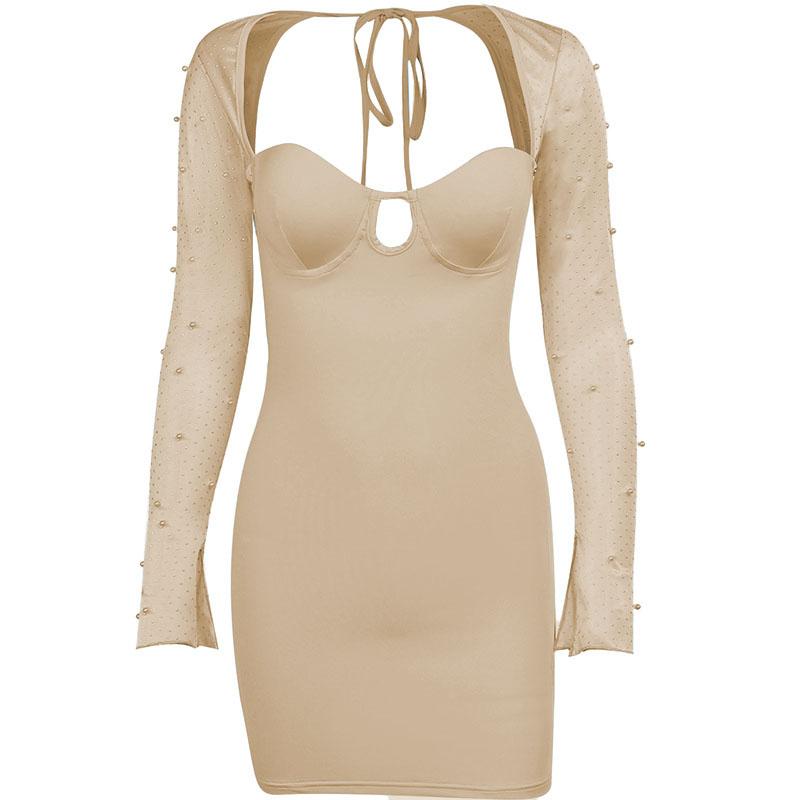 Long sleeve solid hollow out slit ruched beaded self tie backless mini dress 9