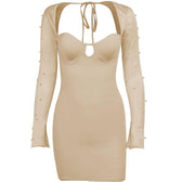 Long sleeve solid hollow out slit ruched beaded self tie backless mini dress 9