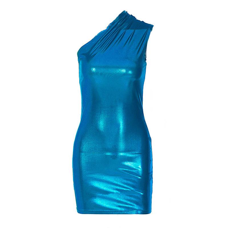 Metallic one shoulder ruched sleeveless irregular mini dress 14