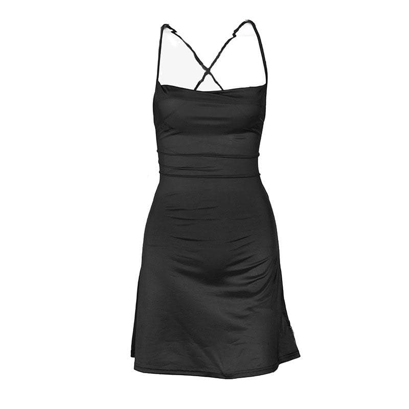 Cross back solid satin cowl neck lace up self tie backless mini dress 9