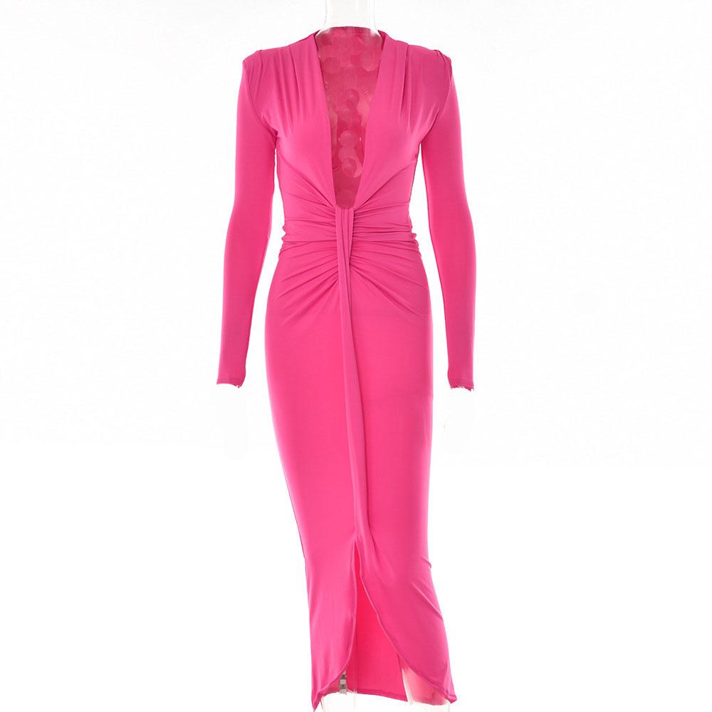 Long sleeve v neck solid ruched slit midi dress