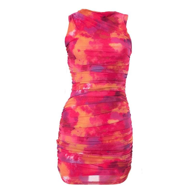 Tie Dye Sleeveless Crew Neck Ruched Mesh Bodycon Mini Dress 4