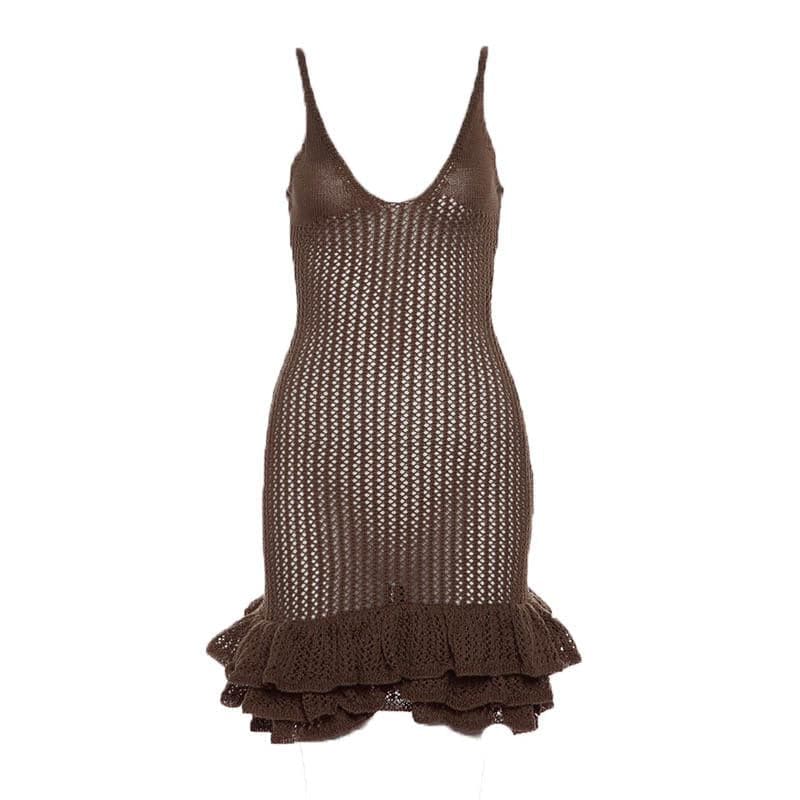 Crochet v neck sleeveless hollow out ruffle mini dress 13