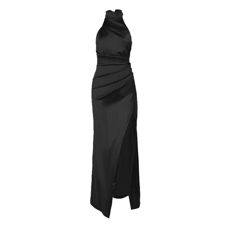 Ruched solid satin zip-up halter backless slit maxi dress 8