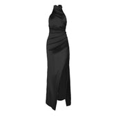 Ruched solid satin zip-up halter backless slit maxi dress 8