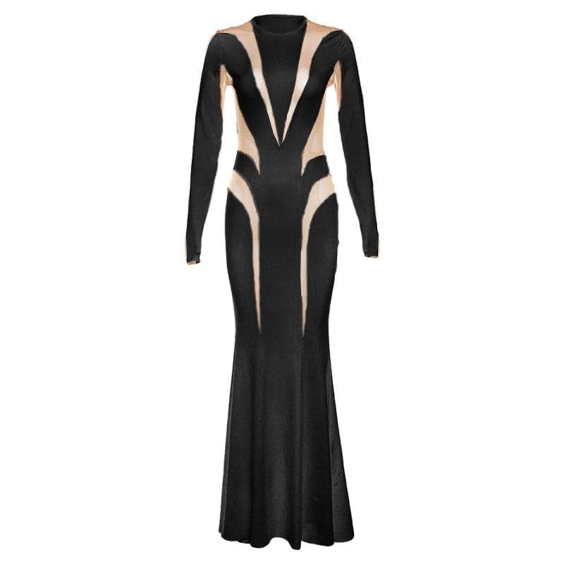 Crewneck long sleeve mesh patchwork maxi dress 3