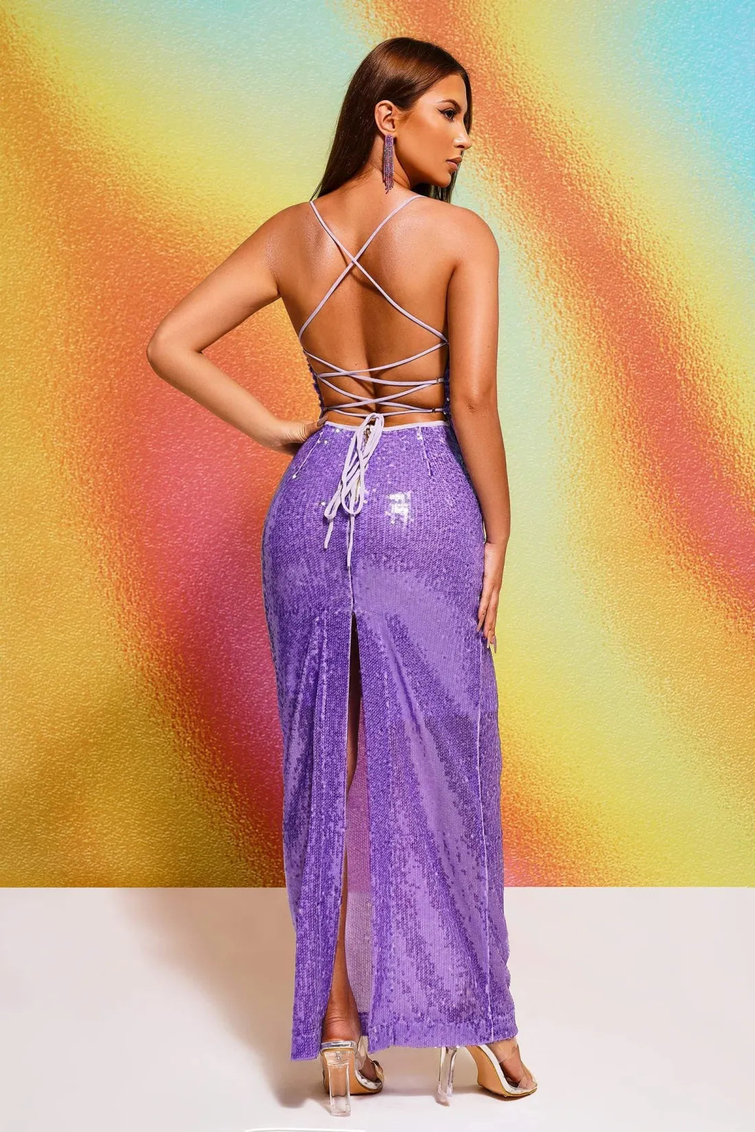 Sequin Cowl Neck Cami Strap Backless Mermaid Maxi Gown 3