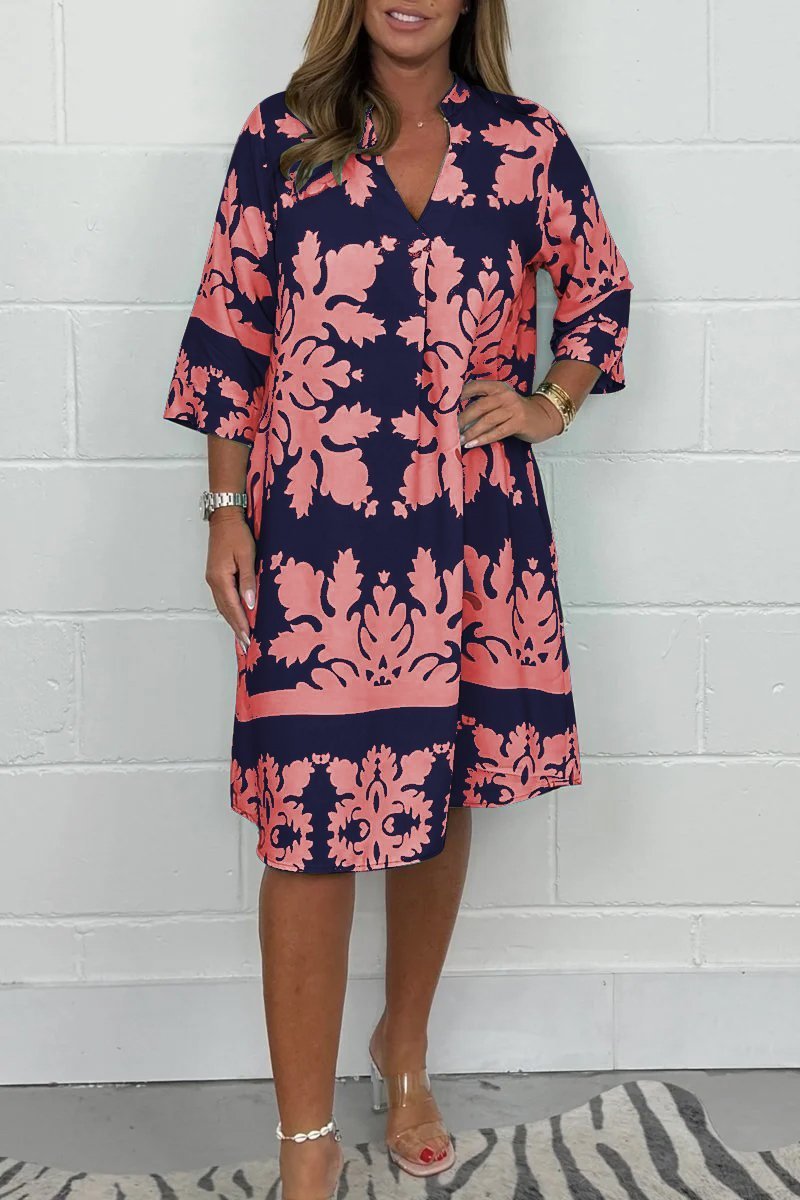 Notch Neck Half Sleeve Damask Print Shift Midi Dress