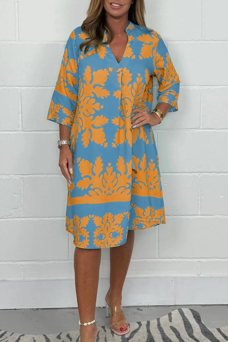 Damask Print Notch Neck Half Sleeve Shift Dress