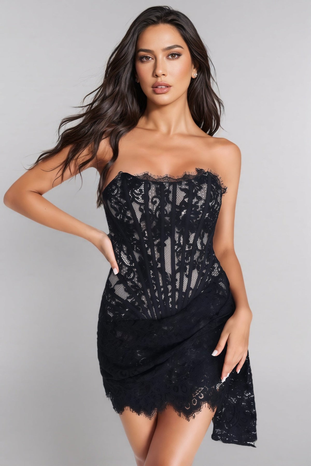 Strapless Lace Corset Draped Asymmetric Hem Mini Dress