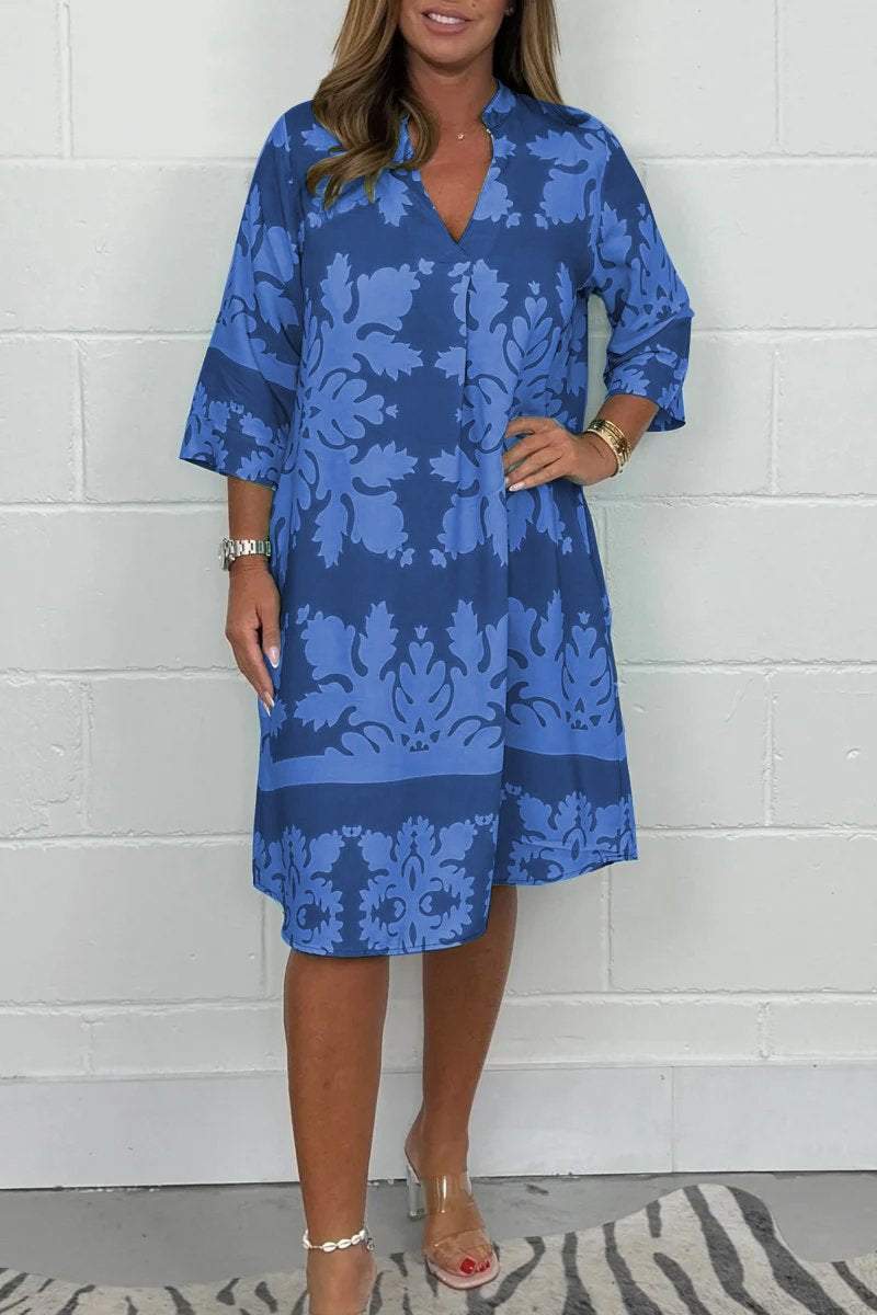Notch Neck Half Sleeve Damask Print Shift Midi Dress