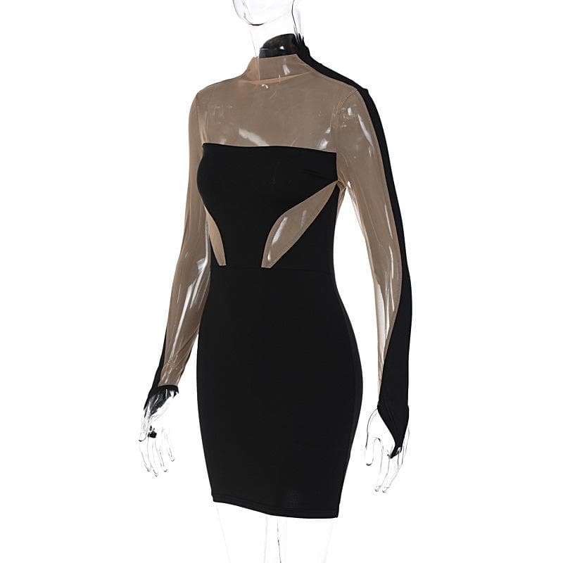 Mesh patchwork contrast gloves high neck mini dress 3