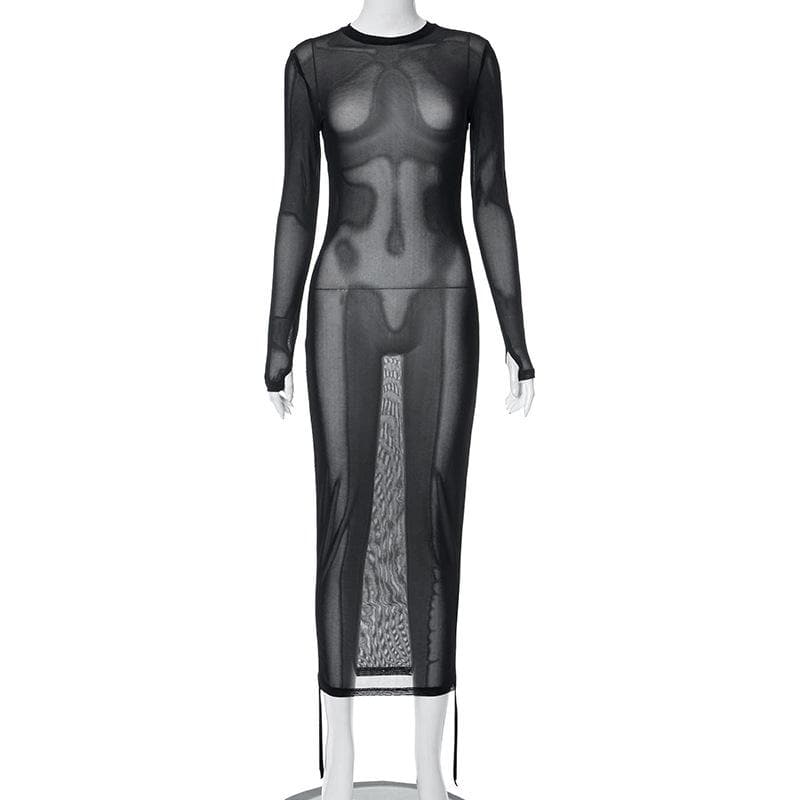 Crewneck long sleeve drawstring sheer mesh see through 2-way midi dress 3