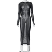 Crewneck long sleeve drawstring sheer mesh see through 2-way midi dress 3
