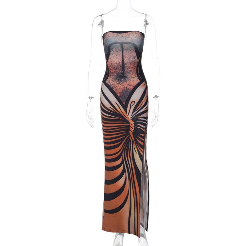 Lace up contrast print slit backless tube maxi dress 9