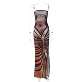 Lace up contrast print slit backless tube maxi dress 9