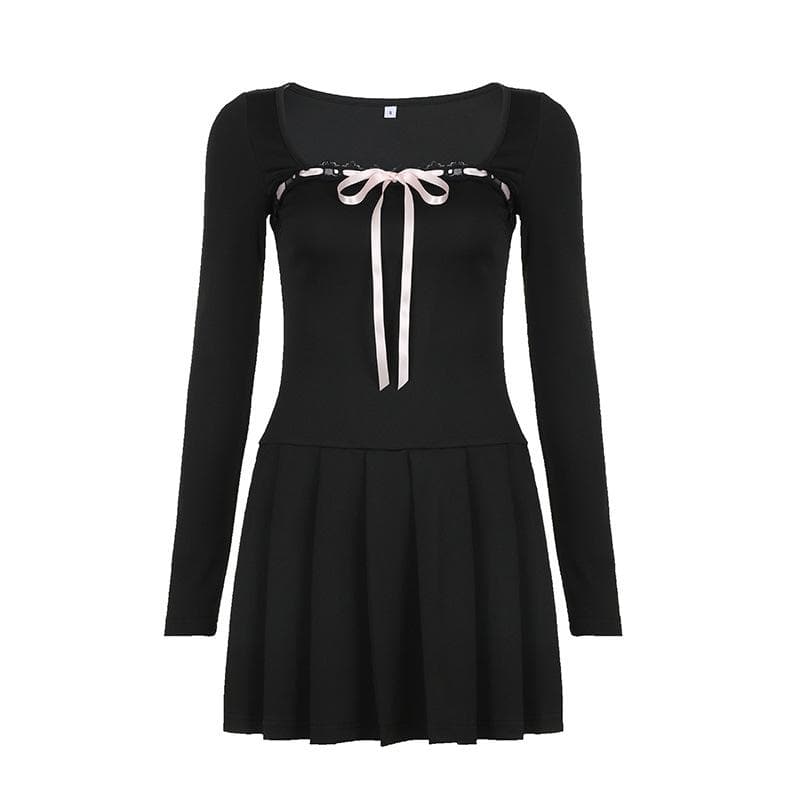 Lace hem square neck contrast long sleeve pleated mini dress 2