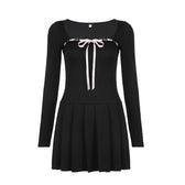 Lace hem square neck contrast long sleeve pleated mini dress 2