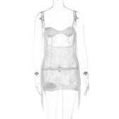 Tassels low cut see through lace solid backless cami mini dress 3