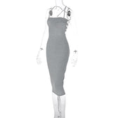 Cross back lace up self tie backless solid square neck midi dress 4