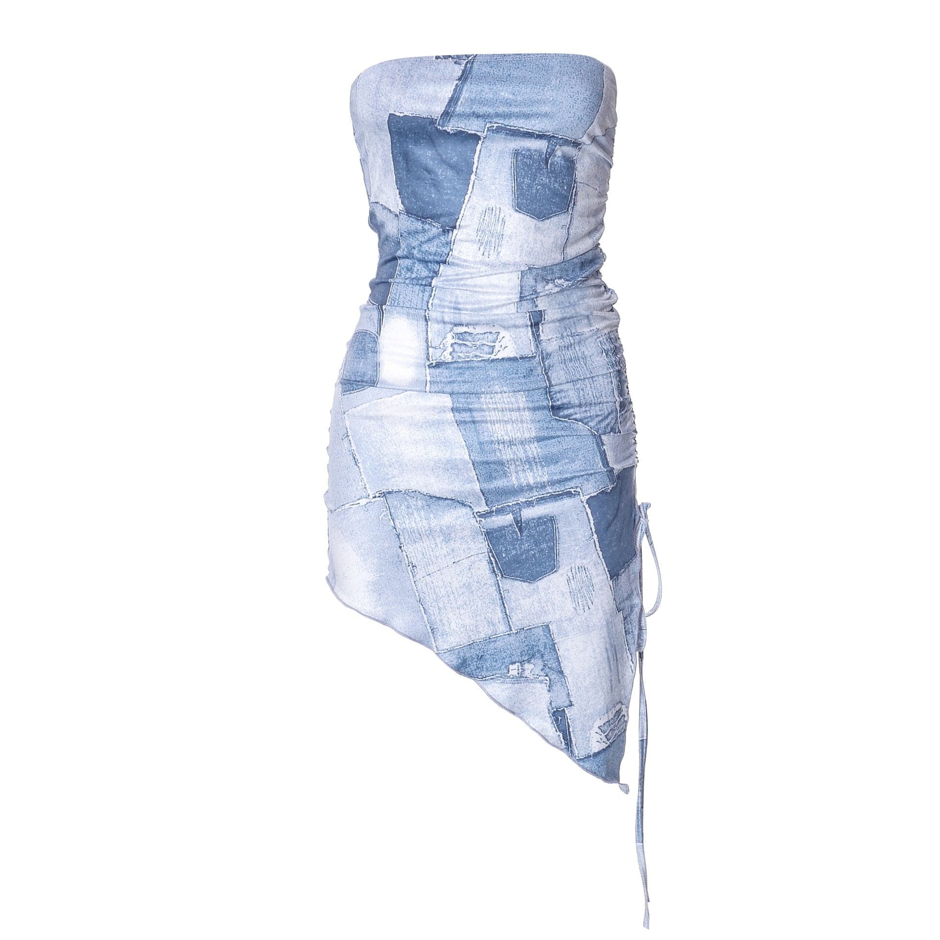 Denim print irregular ruched backless contrast tube mini dress