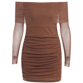 Mesh off shoulder solid long sleeve ruched mini dress 4