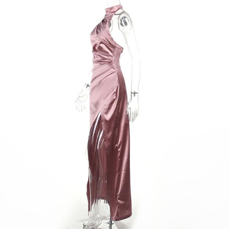 Ruched solid satin zip-up halter backless slit maxi dress 3