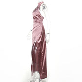 Ruched solid satin zip-up halter backless slit maxi dress 3