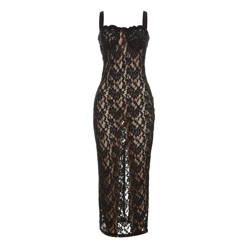 Lace solid zip-up see through sleeveless backless maxi dress 2