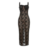 Lace solid zip-up see through sleeveless backless maxi dress 2