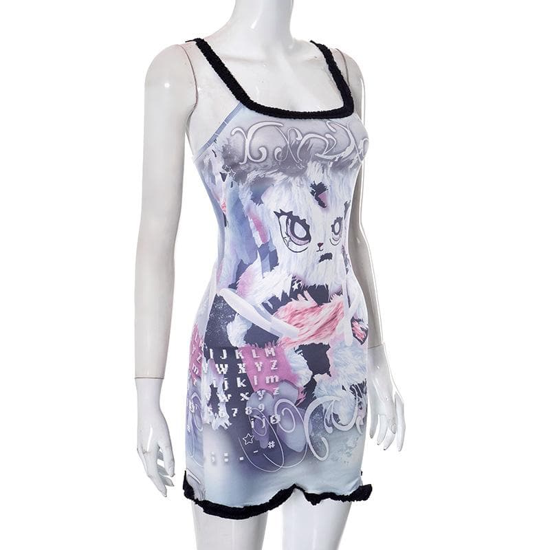 Comic pattern contrast ruffle backless square neck sleeveless mini dress