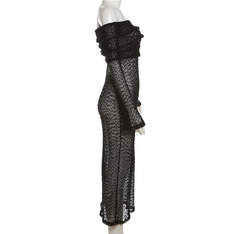 Textured glitter off shoulder long sleeve see through maxi dress 4