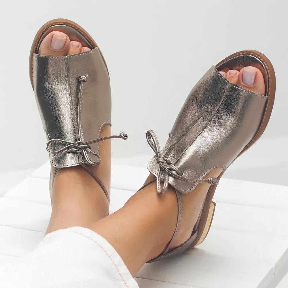 Metallic Peep Toe Lace Up T-Strap Flat Sandals