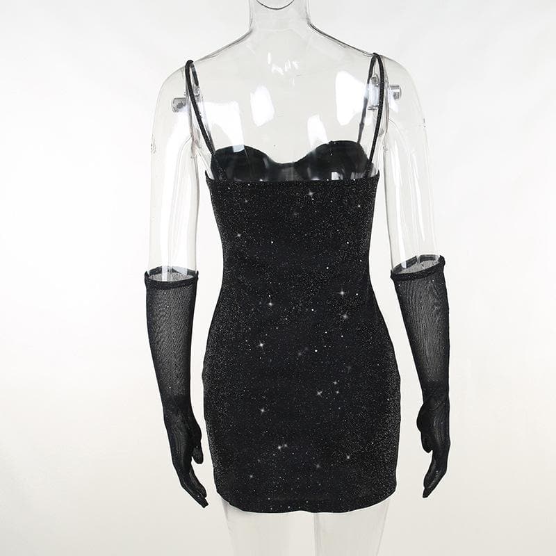 Glitter Sweetheart Neck Cami Slit Bodycon Mini Dress with Mesh Gloves 4